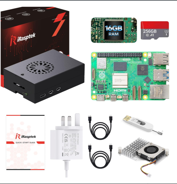 iRasptek Raspberry Pi 5 16GB Starter Kit - 256GB Edition Pre-Installed by OS-Bookworm (Aluminium Case)