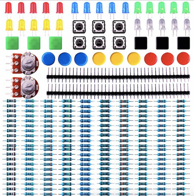 Electronics component pack with resistors, LEDs, Switch, Potentiometer for Arduino UNO, MEGA2560, Raspberry Pi