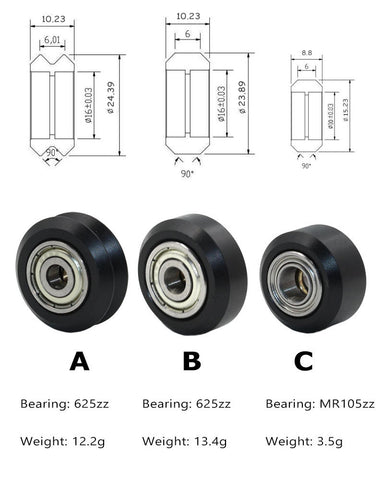 High precision CNC Black Polycarbonate Xtreme v Mini wheel with 625 bearing for Openbuilds v-slot linear rail system