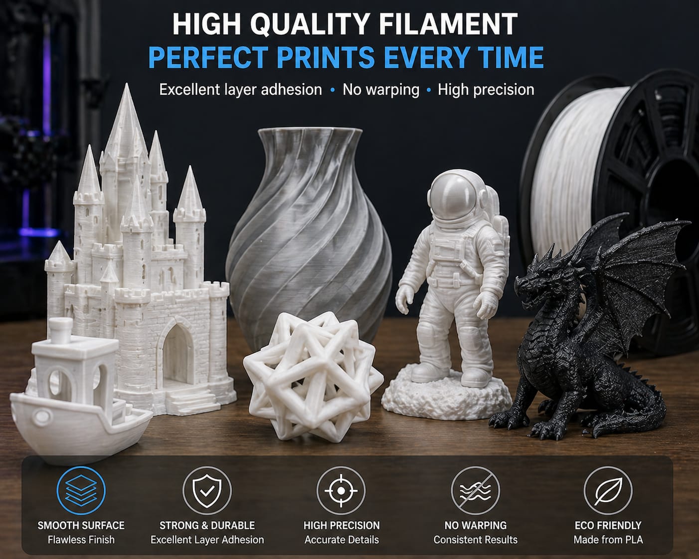 DOWELL 3D Ultra Precision PLA 3D Printer Filament 1.75mm – 1KG Spool | Smooth Printing, High Accuracy, Strong Layer Adhesion | high quality Premium Filament for 3D Printing